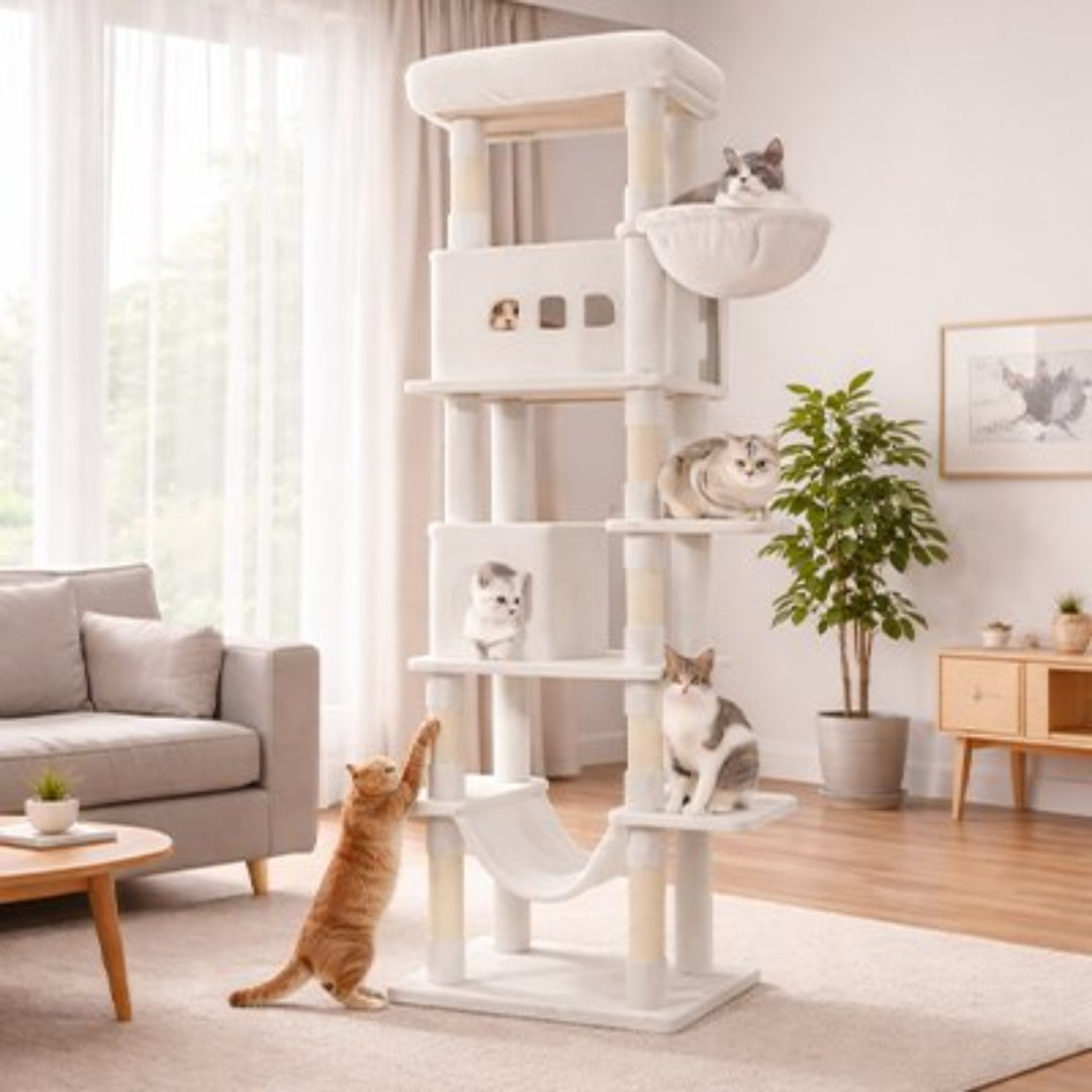 arbre à chat xxl blanc à plusieurs étages abritant cinq chats dans un salon lumineux et épuré