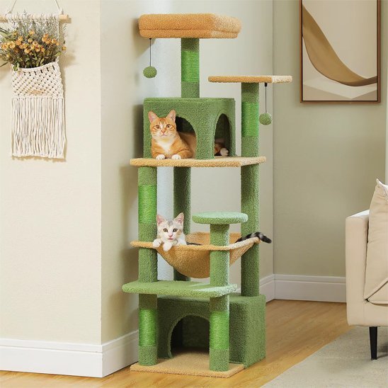 Arbre a chat xxl vert à plusieurs étages abritant deux chats différents, installé dans un salon moderne