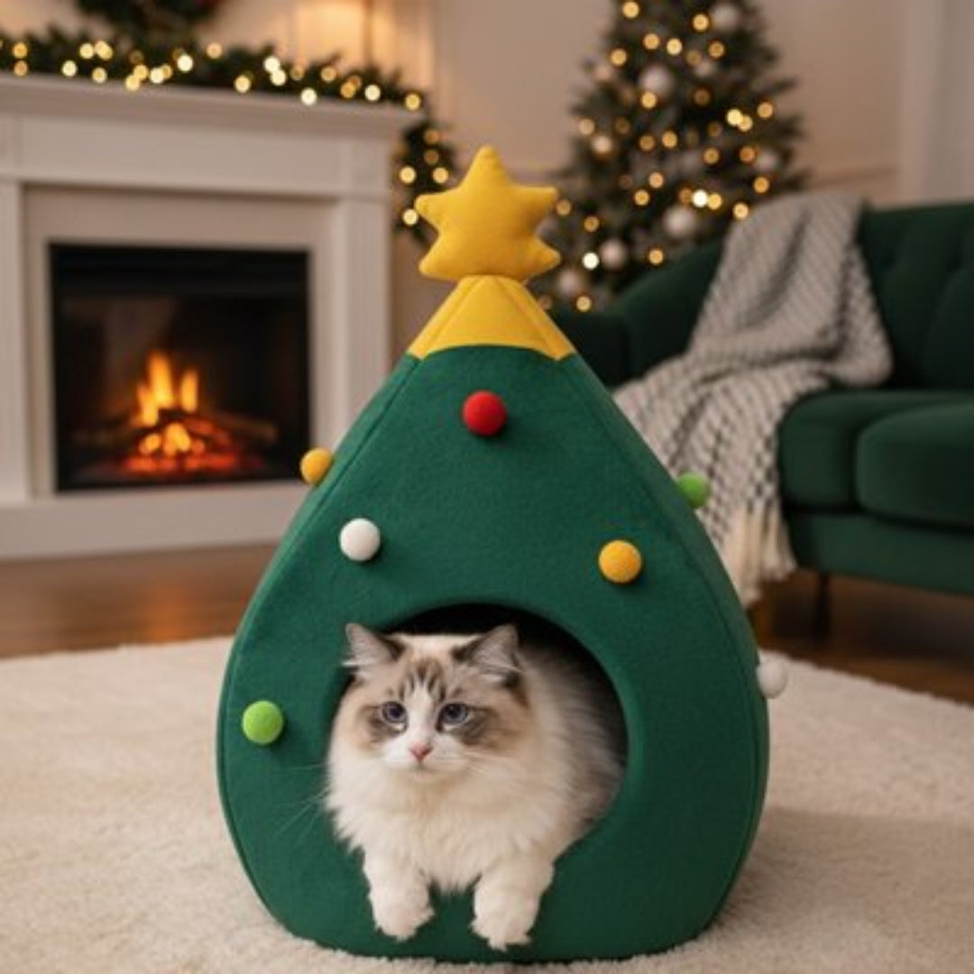 Un chat à poils longs confortablement installé à l'entrée d'une niche pour chat vert en forme de sapin de Noël