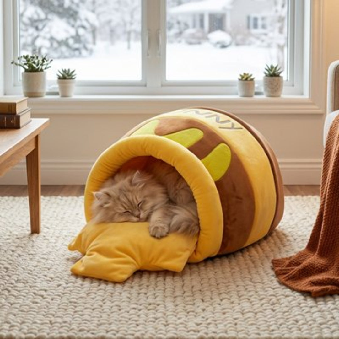 Chat Ă poils longs endormi dans un lit chaton en forme de pot de miel jaune et marron