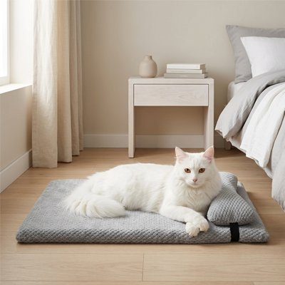 Chat blanc allongé paisiblement sur un lit chat de couleur gris, posé sur un parquet en bois