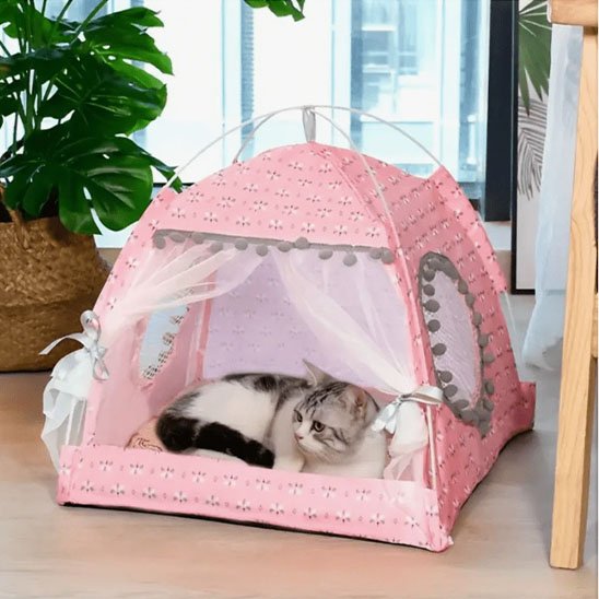 Chat blanc et gris couché dans une niche pour chat rose à motifs pour animaux