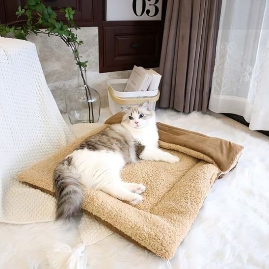 Chat blanc et gris est allongé calmement sur un panier pour chat