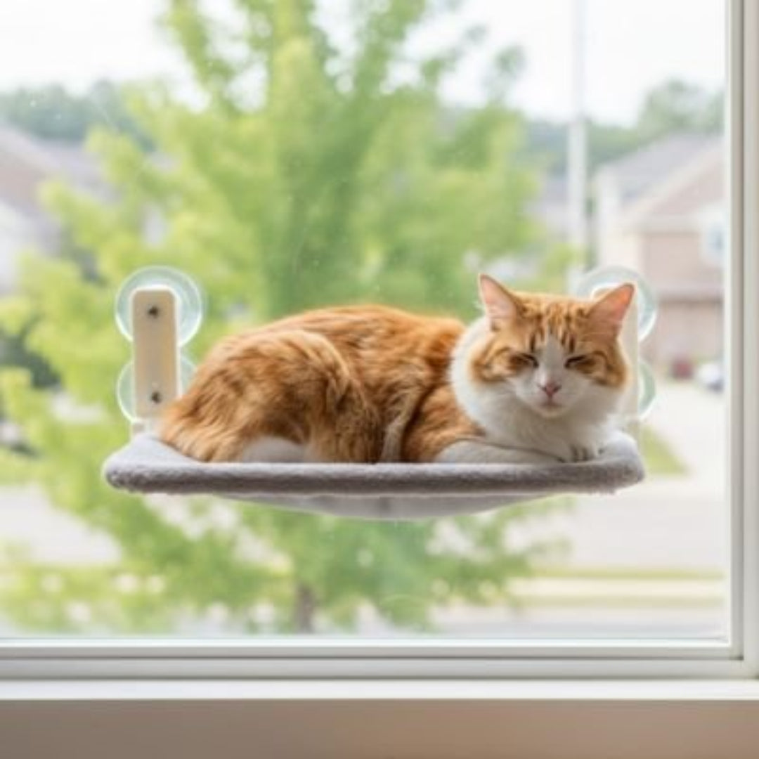 Un chat détendu sur un hamac fenetre chat