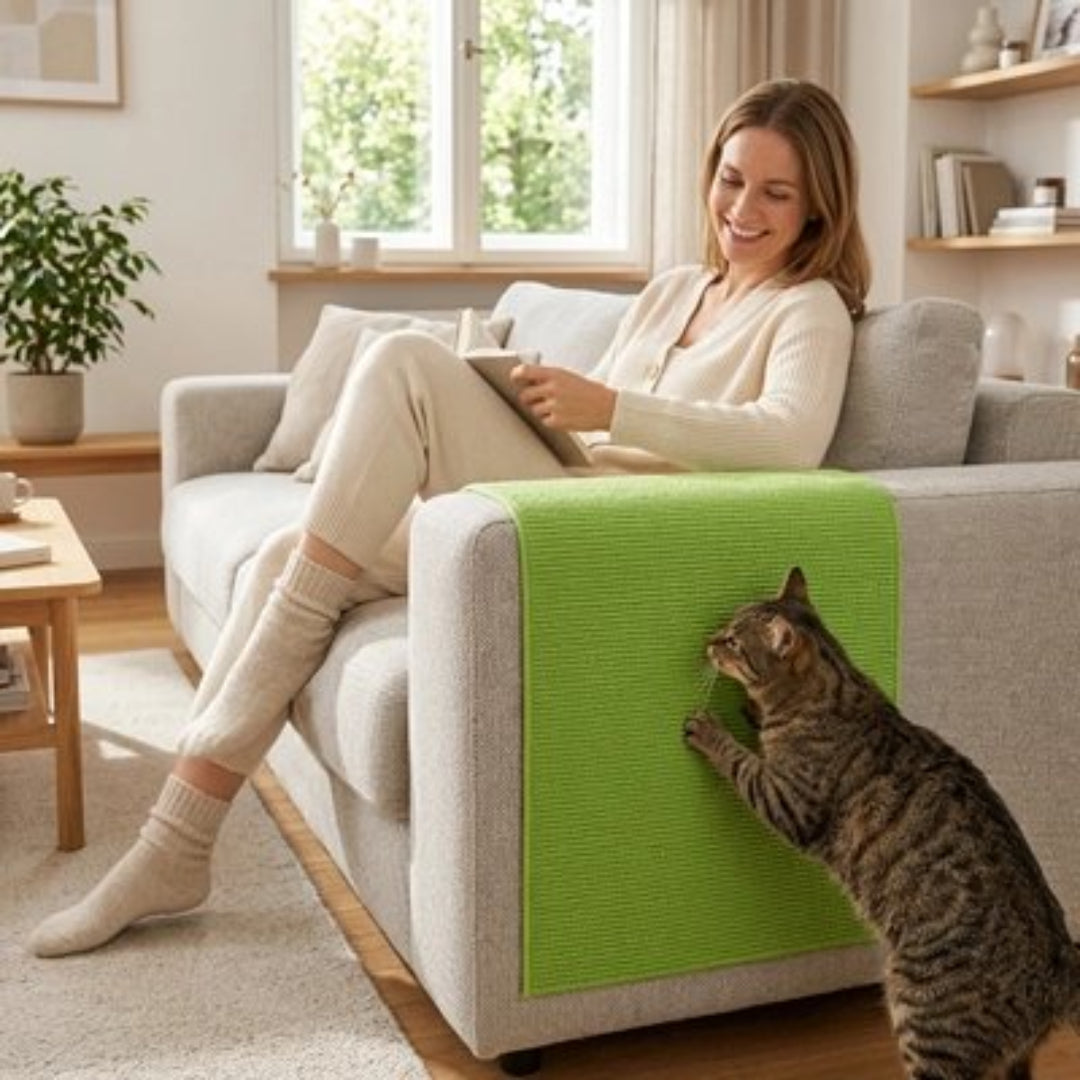 Chat fait ses griffes sur housse canapé anti griffe chat de couleur verte