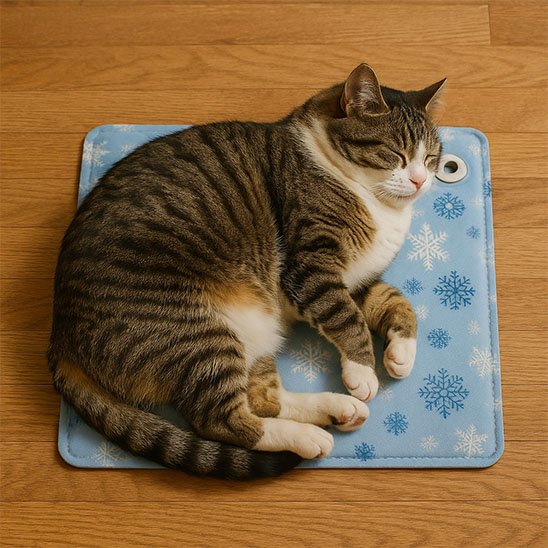 Chat gris endormi sur un tapis rafraichissant Chat
