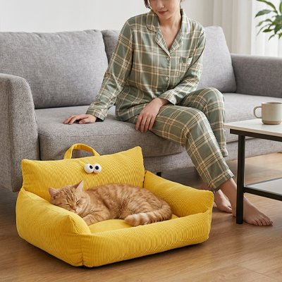 Chat roux dormant dans un panier chat jaune en velours cÎtelé avec une poignée et des yeux amusants