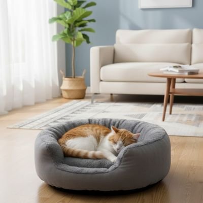 Chat roux endormi confortablement dans un Panier pour chat gris, placé dans un salon lumineux