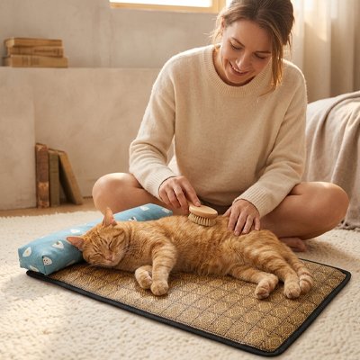 Une femme est en train de brosser un chat endormi sur un tapis rafraichissant chat