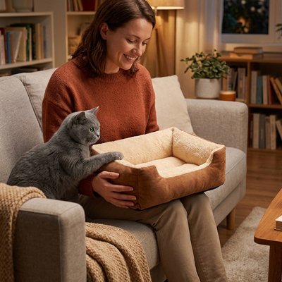 Femme souriante assise sur un canapé présente panier chat marron et crème à son chat