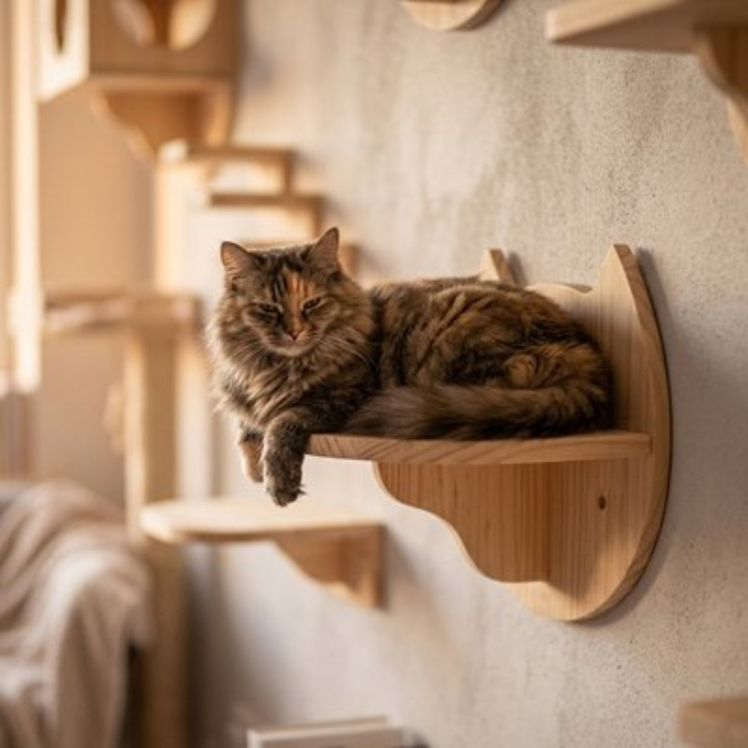 Grand chat Ă poils longs allongĂ© sur un arbre chat mural en bois en forme de tĂȘte de chat