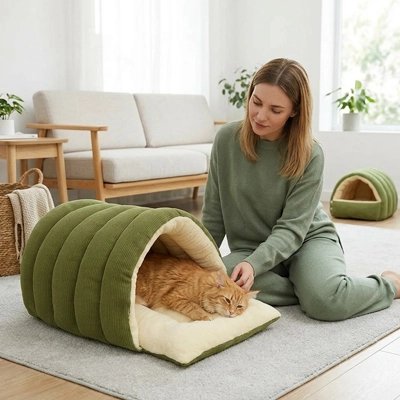 Lit chat dans un salon lumineux