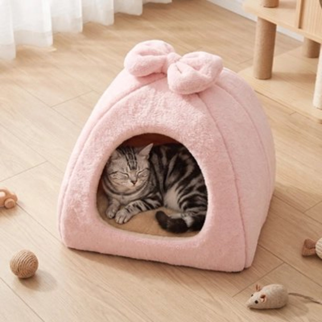 Maison pour chat de couleur rose sur plancher en bois