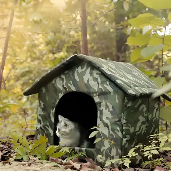 Niche exterieur pour chat portable et souple avec un motif de camouflage militaire, conçue pour l'extérieur ou le camping