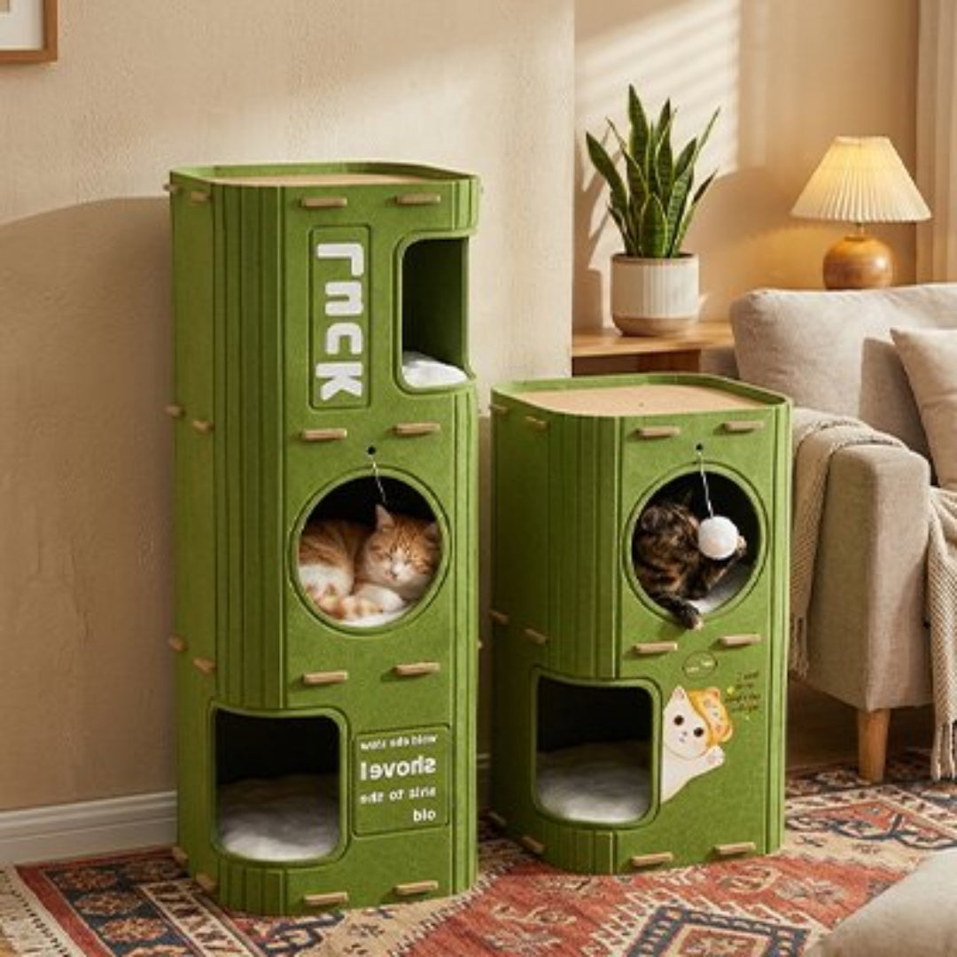 niche pour chat de hauteurs différentes, fabriqués en feutre vert, sont posés sur un tapis oriental à motifs
