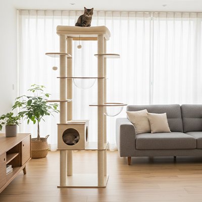 Un arbre a chat design beige abritant deux chats dans un salon épuré et lumineux