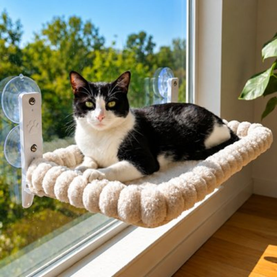 Un chat noir et blanc est confortablement installé dans un hamac pour chat fenetre