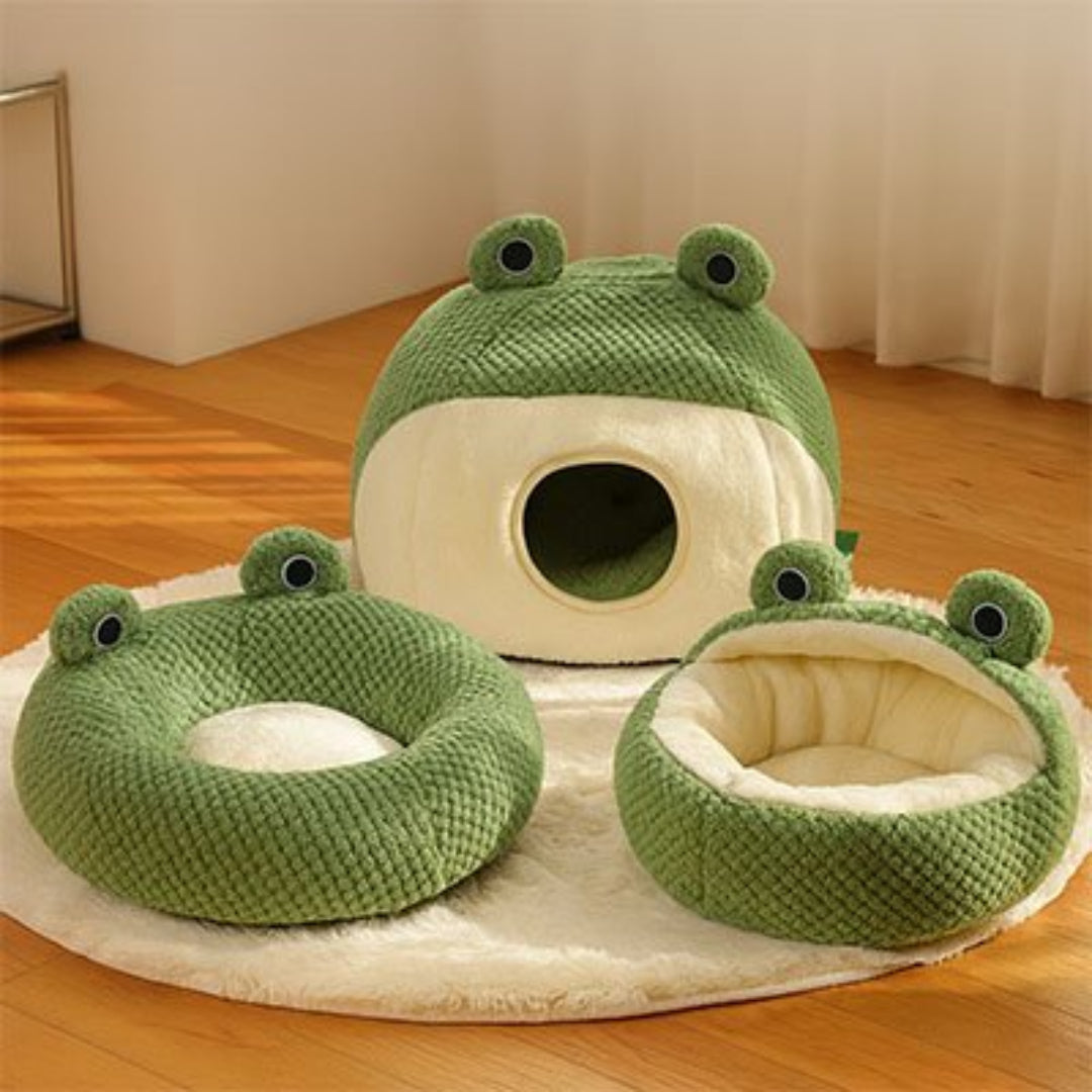 Une vue d'ensemble de niche pour chat en forme de grenouille verte, disposés sur un tapis blanc moelleux