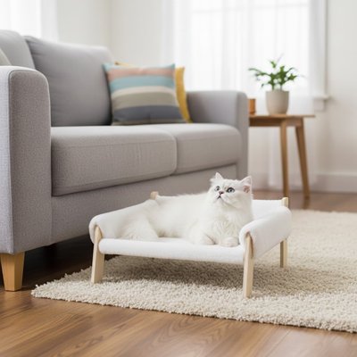 Chat blanc sur un lit