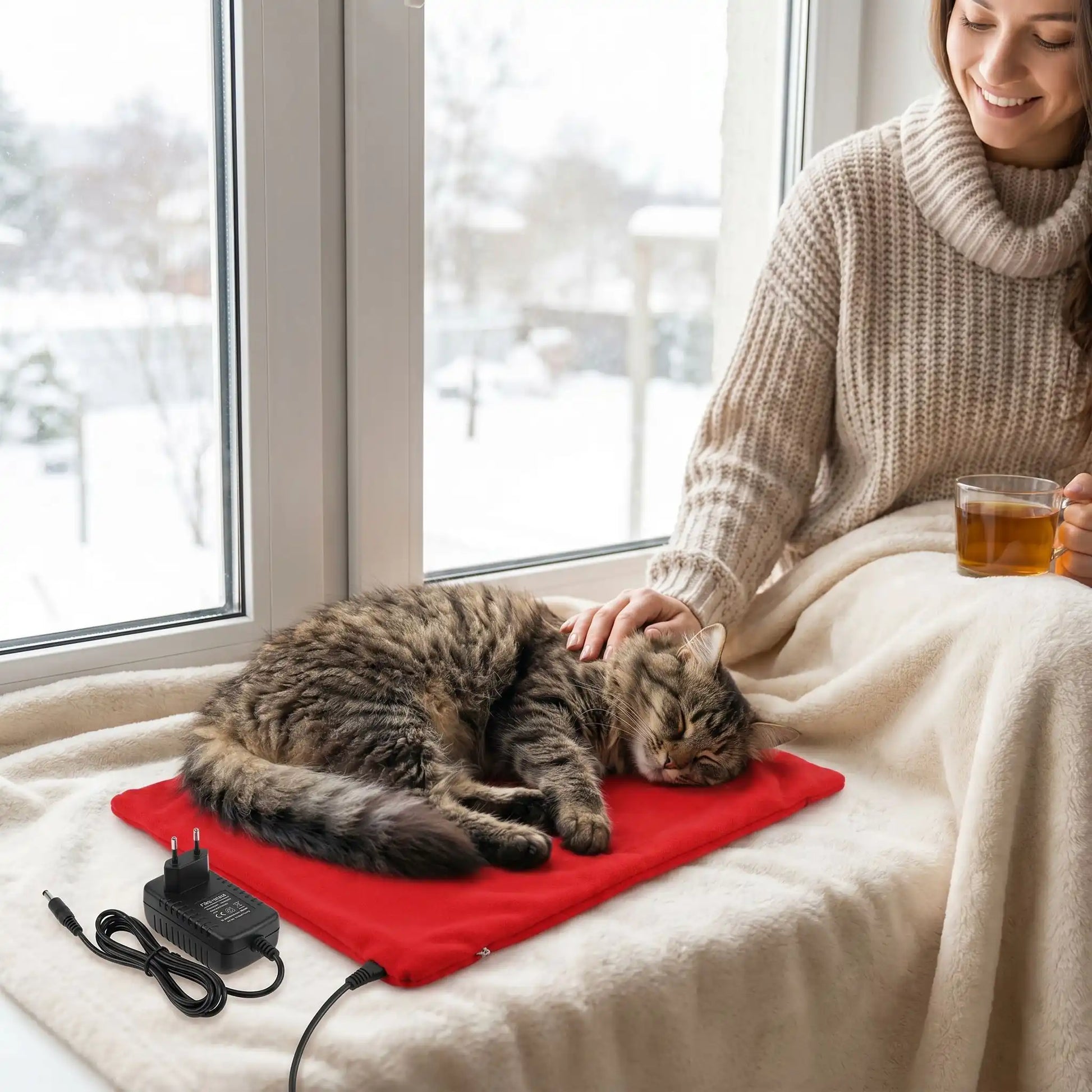 Chat apaisé sur coussin chauffant chat de couleur rouge