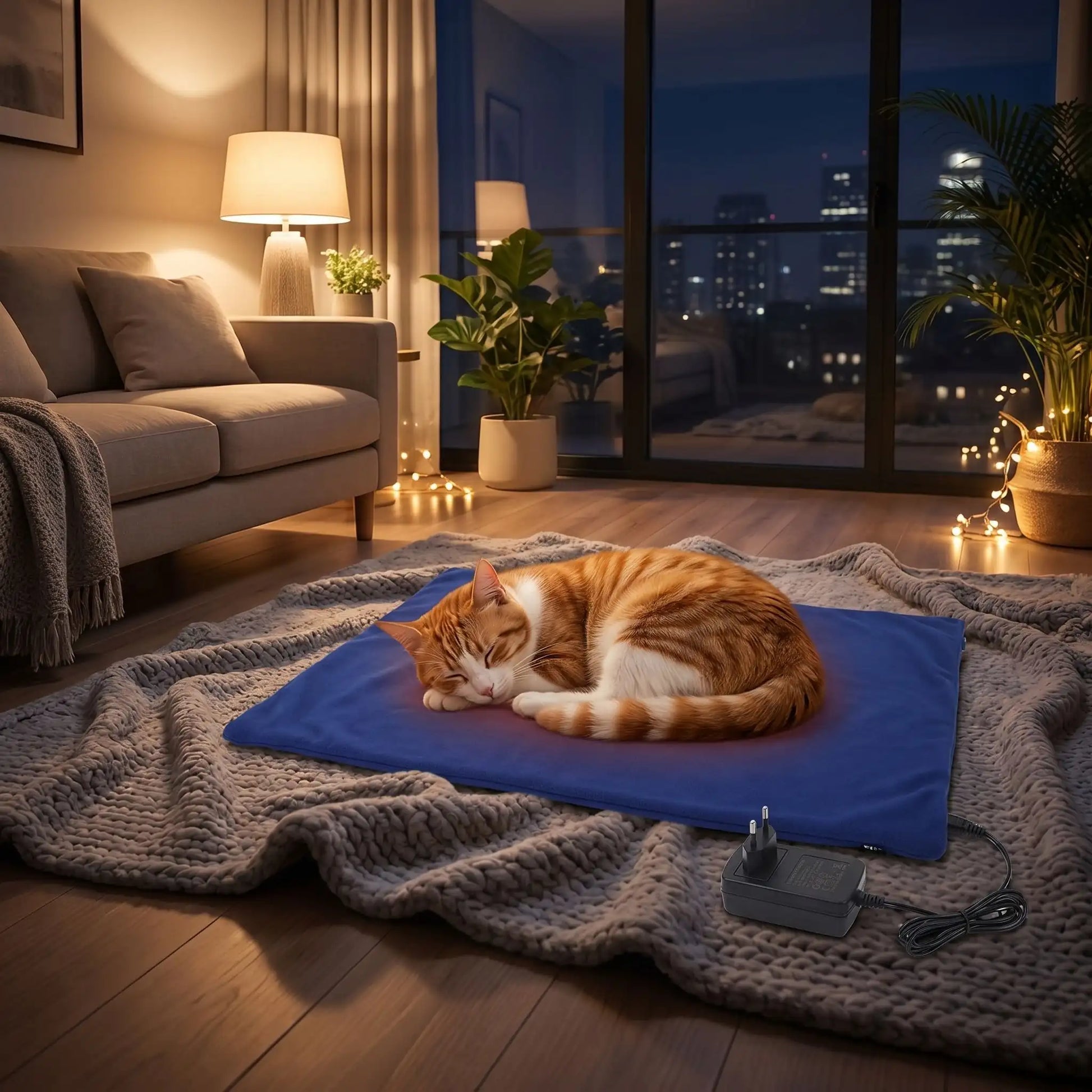 Chat roux endormi sur coussin chauffant chat