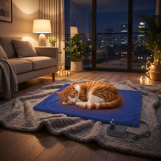 Chat roux endormi sur coussin chauffant chat