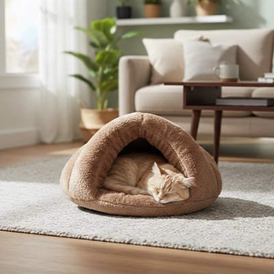 Chat roux tigré dort paisiblement à l'intérieur d'un lit pour chat en peluche brun