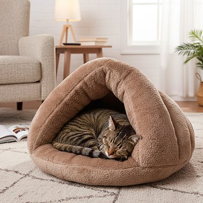 Chat tigré endormis à l'intérieur d'un lit pour chat en peluche brun