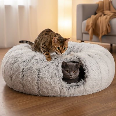 Chat tigré en position d’observation sur une niche pour chat grise, tandis qu’un chat gris repose confortablement à l’intérieur
