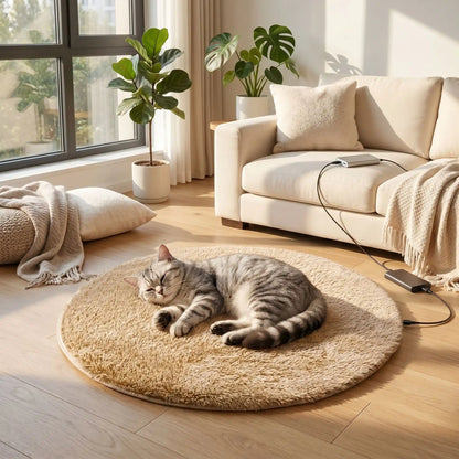 Chat tigré endormi sur un coussin chauffant pour chat
