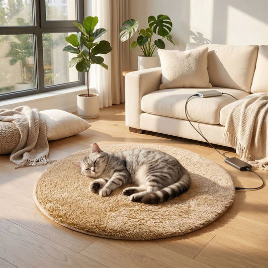 Chat tigré endormi sur un coussin chauffant pour chat