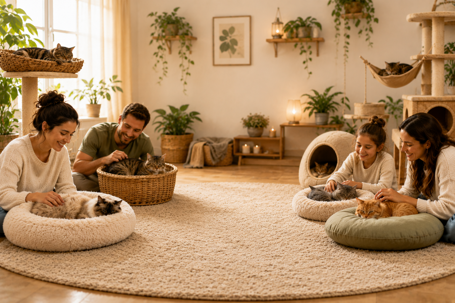 Plusieurs chats se reposent dans une ambiance paisible, conviviale et axée sur le confort et le bien-être des chats.