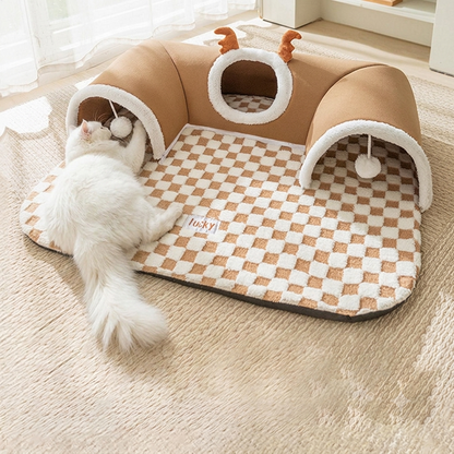 Chat blanc joue dans le tunnel du chat