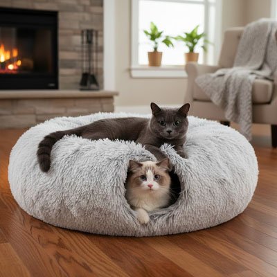 Deux chats confortablement installés sur une niche pour chat ronde de couleur grise