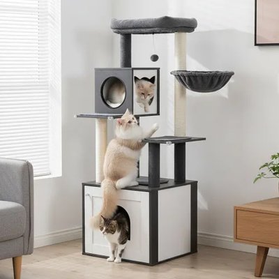 arbre a chat en bois moderne au design cubique avec trois chats qui l'utilisent en même temps