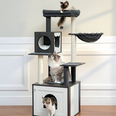 arbre a chat en bois moderne noir et gris foncé avec trois chats qui l'utilisent