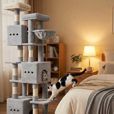 arbre à chat géant gris clair à plusieurs niveaux installé dans une chambre chaleureuse