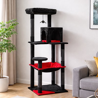 Un grand arbre à chat noir et rouge à plusieurs niveaux