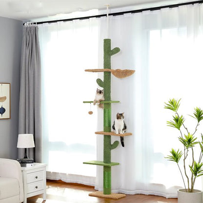 Arbre a chat pour exterieur de couleur vert avec plusieurs plateformes et paniers 