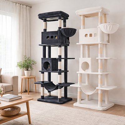 arbre à chat xxl à plusieurs étages, un gris foncé et un blanc installés côte à côte dans un salon lumineux.