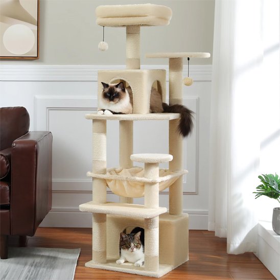 Arbre a chat xxl beige à plusieurs étages abritant deux chats, installé dans un salon lumineux 