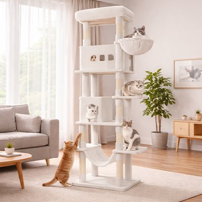 arbre à chat xxl blanc à plusieurs étages abritant cinq chats dans un salon lumineux et épuré