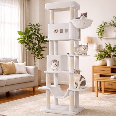 arbre à chat xxl blanc à plusieurs étages avec cinq chats en train de se reposer 