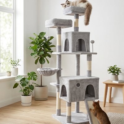 Arbre a chats chat multi-niveaux en peluche gris clair, placé dans une pièce lumineuse avec deux chats profitent de l'installation