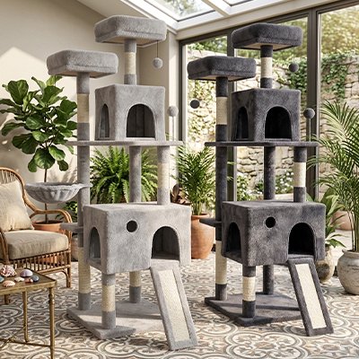 Arbre a chats multi-niveaux avec couleur gris clair et gris foncé