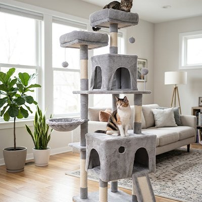 Arbre a chats multi-niveaux en peluche gris clair, installé dans un salon moderne et lumineux avec deux chats