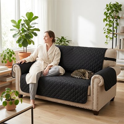 un canapé beige recouvert d'un Protege canape chat noire, utilisé par une femme en peignoir blanc crème et un chat tigré