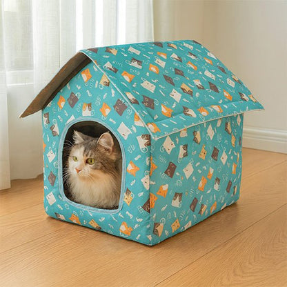 Chat à poil long dans une niche pour chat extérieur bleu à motifs de chats.
