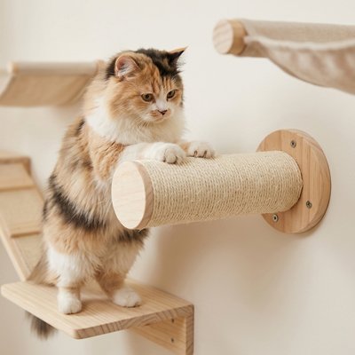 chat à poil long est debout sur un arbre à chat mural en bois
