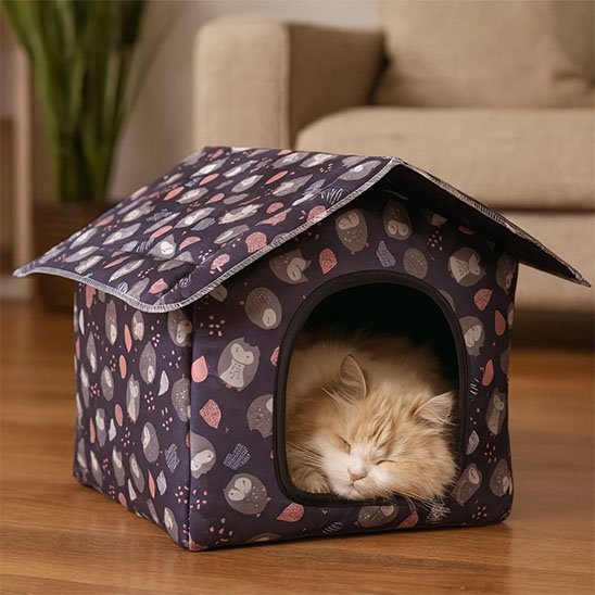 Chat à poil long endormi dans une niche pour chat extérieur en tissu à motifs de hiboux.